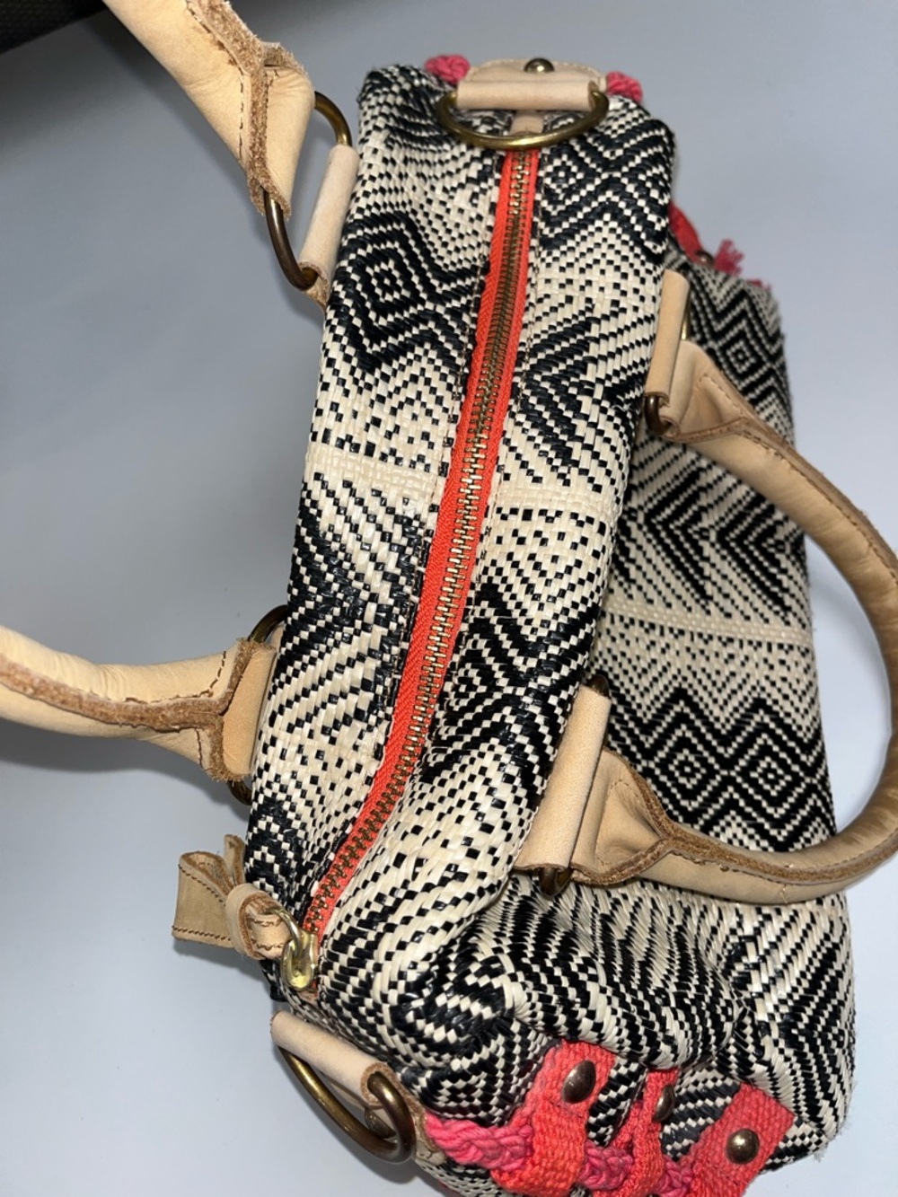 Miss Albright Speciality Woven Chevron Satchel Handbag in Black, Cream & Red - Picture 8 of 16